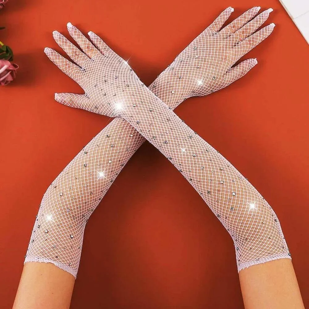 Women's Rhinestone Mesh Rave White Long Gloves Elbow Length Halloween Costume
